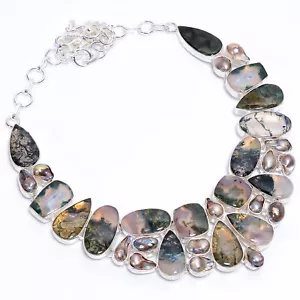 Moss Agate Pearl Gemstone Fashion 925 Sterling Silver Necklace 17" ARN-434 - Picture 1 of 3