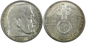 Germany - Third Reich Silver 1938 B 2 Reichs Mark Hindenburg KM# 93 (22 293) - Picture 1 of 3
