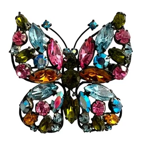 Vintage Regency Butterfly Multicolor Rhinestone Mid Century Pin Brooch Signed - Picture 1 of 4