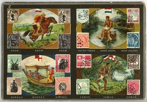 Lovely vintage board with facsimile stamps Anam Dutch Indies Borneo Samoa - Picture 1 of 2