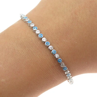 925 Sterling Silver Enamel C Z Evil's Eye Tennis Link Anklet Bracelet 9.5-10.5" - Image 1 of 4
