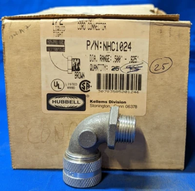 HUBBELL 1/2 PULG. CONECTOR CABLE 90° ALUMINIO LÍQUIDO HERMÉTICO P/N:NHC1024 (CAJA DE 15) Foto 1 de 4