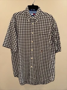 Camisa grande con logotipo Tommy para hombre, 100 % algodón, cuadros, manga corta, logotipo de escudo - Imagen 1 de 4