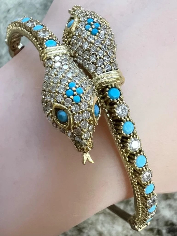 Turquoise Diamond 14K Gold on SOLID 925 Victorian Rev Snake Bracelet Genuine - Image 1 of 4