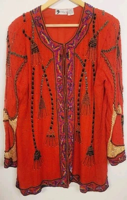 Chaqueta de Colección Essence Bead Lentejuelas 100% Seda Kimono Años 80 Ópera Abrigo Plumero Extra Grande Foto 1 de 4