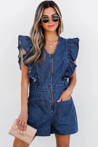 Amora Denim Ruffled Zipped Front Belted Romper - Picture 1 of 5