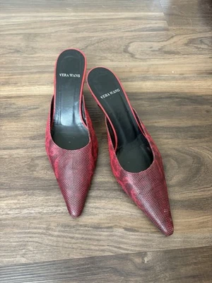 Vera Wang, Snake Embossed Leather Pointed Toe Mules Heels Size 8 Made in Italy - Image 1 of 4