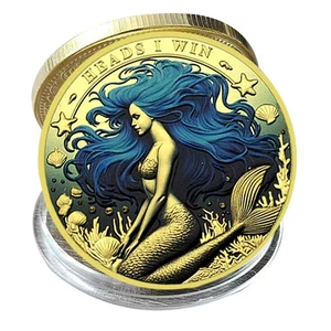 Moneda Sirena Chapada en Oro - Cabezas Gano Colas Perdes Fantasía Medalla Coleccionable - Imagen 1 de 7