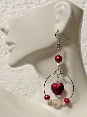 Hoop Beaded Red-Pink Dangle Simple Hook 2.50" Earrings - Image 1 of 3