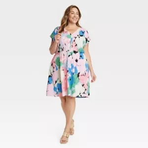 Ava & Viv Women's Short Sleeve V Neck Mini A-Line Dress Multi Floral 3X Plus - Picture 1 of 1
