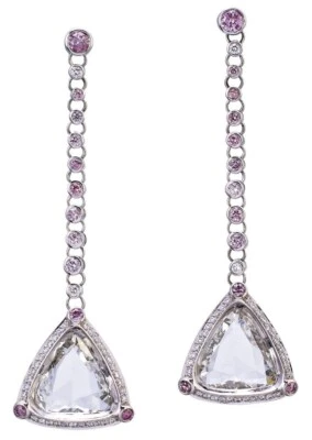 Antique Triangle Drop Fancy Shape Lab-Created Diamonds & Pink Ruby Fine Earrings - Image 1 of 4
