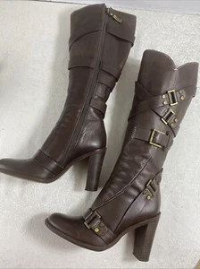 BCBGMAXAZRIA Brown Leather Riding Boots Straps Gold Buckles Sz 6.5 Chunky Heel - Picture 1 of 17