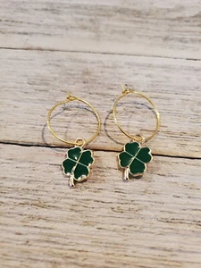 St. Patrick's Day Earrings Gold Hoop Earrings with Shamrocks - Picture 1 of 1
