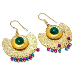 Malachit Edelstein vergoldet Designer Ohrhänger Schmuck 1,5" - Bild 1 von 1