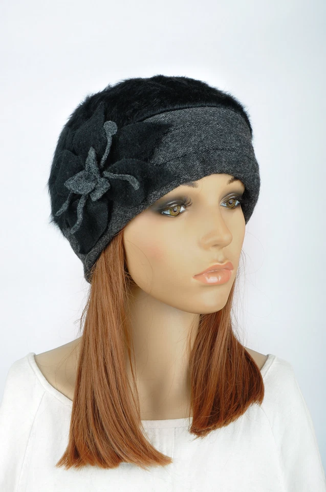 NM318 Negro y Gris Precioso Flor Mezcla Lana Invierno Sombrero Gorra Boina Gorro ESQUÍ Nuevo Foto 1 de 4