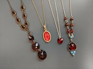 Lot Of 4 VTG Avon Necklaces Red Acrylic Jewel Brass Silver Gold Tone - Picture 1 of 6