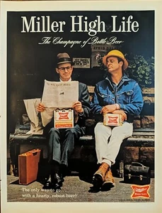 1967 Miller Bierdruck Anzeige, blauer Kragen & weißer Kragen Arbeiter teilen sich eine Bank - Bild 1 von 1