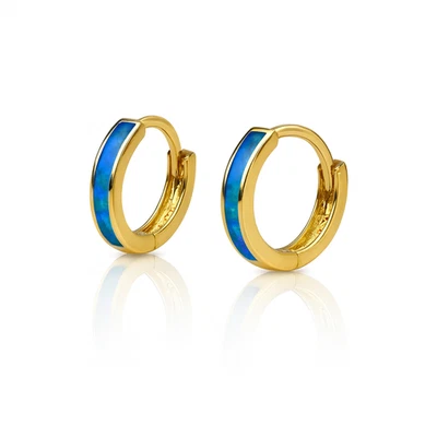 Pendientes de aro Huggie de ópalo azul oscuro de una fila de oro blanco de 14k Foto 1 de 2