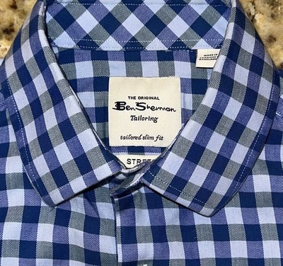 Camisa para hombre BEN SHERMAN azul a cuadros calce ajustado elástica con botones L/S talla 14,5x32/33 Foto 1 de 4