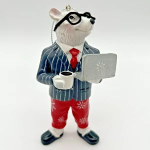 Businessman Dapper Polar Bear With Laptop Coffee Glasses Christmas Ornament - Picture 1 of 7