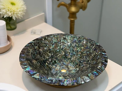 Fregadero de piedra Paua Shell - Lavabo de encimera de baño hecho a mano - Lavabo único Foto 1 de 4
