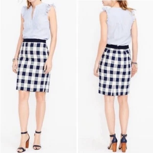 J. Crew Navy & Ivory Windowpane Check Cotton/Linen Blend The Pencil Skirt 12 - Picture 1 of 7