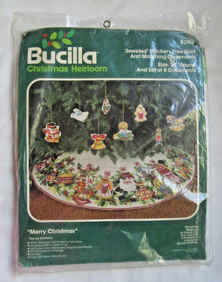 Bucilla “Merry Christmas” Jeweled Felt Tree Skirt Kit with Set of 8 Ornaments - Image 1 of 4