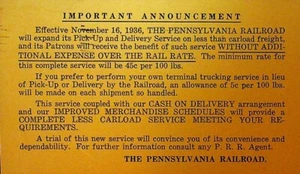 Tarjeta postal publicitaria Pennsylvania Railroad Delivery Changes 1936 - Imagen 1 de 2