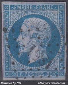 FRANCE : EMPIRE NON DENTELE N° 14Ae BLEU SUR LILAS OBLITERE PC 1851 MAMERS - Picture 1 of 2