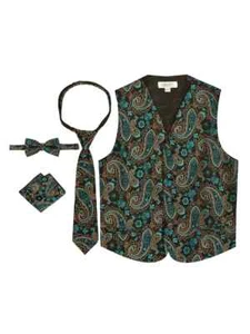 Toddler's Kid's Boy's Formal Metallic Paisley Vest Bow Tie Pochette 4Pcs VSK-86P - Picture 1 of 18