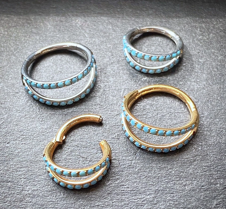 Anillo de segmento con bisagras de titanio doble exterior turquesa tabique aro hélice Daith 1 pieza Foto 1 de 4