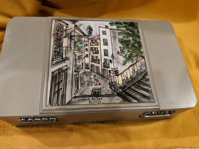 Vintage Box Case Lisbon Portugal Tile Case Purse Filigree keepsake azulejo - Image 1 of 4