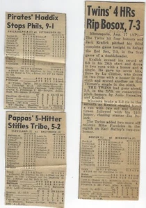 Lot of 3 1962 Box Score News Clippings Minnesota Twins Harvey Haddix Milt Pappas - Picture 1 of 1
