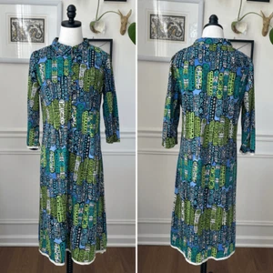Vintage 70s Landmark Retro Abstract Tribal Batik Print Shift Dress M L - Picture 1 of 11