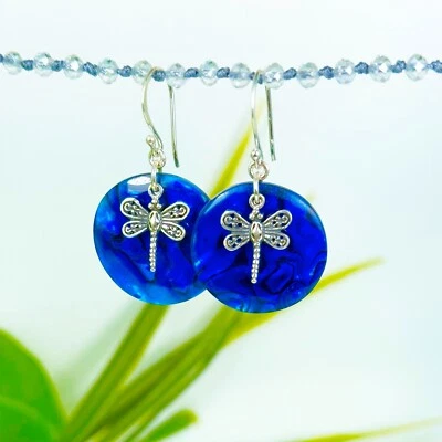 Pendiente de plata de ley 925 hecho a mano con concha de abulón libélula azul ¡NUEVO DISEÑO! Foto 1 de 4