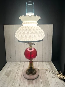 Vtg Ruby Red Centered Diamond Milk Glass Style Shade Marble Base Electric Lamp - Picture 1 of 12