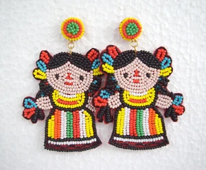 Cinco de Mayo Mexican Doll felt back beaded Earrings -Mexican Party Jewelry Gift - Picture 1 of 4