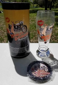 Harley Davidson Motorcycles 22oz American Beauty Pilsner Glass & Coasters GINNY - Picture 1 of 16