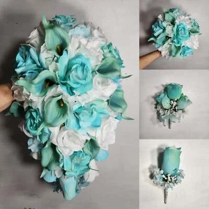 Aqua Tiffany White Rose Calla Lily Bridal Wedding Bouquet Accessories - Picture 1 of 24