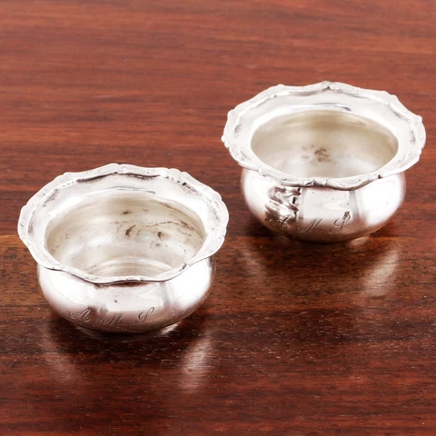 2 HOWARD VICTORIAN STERLING SILVER SALT CELLARS RUFFLED RIM MONOGRAM AMS Cover