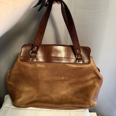 Bolso Cartera Orla Kiely Vintage Cuero Hombro Superior Asa Marrón Detalle Floral Foto 1 de 4