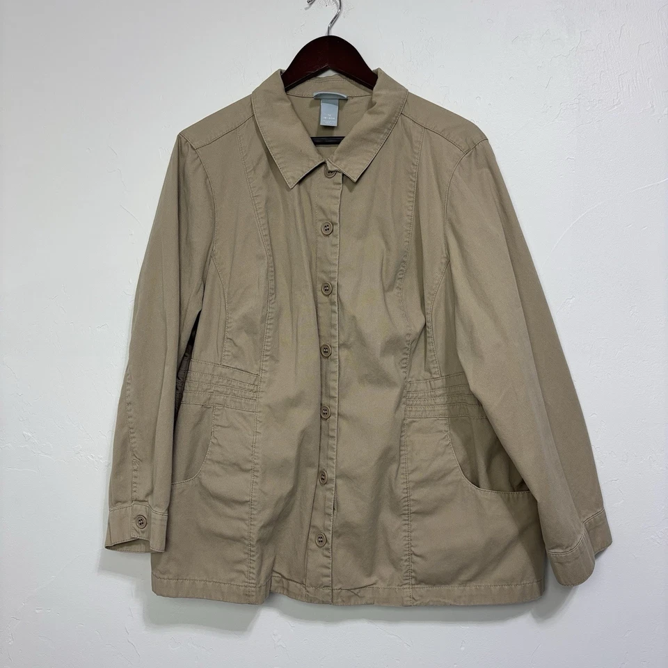 Liz & Me Button Front Women's Plus 1X 18/20W Jacket Khaki Neutral 100% Cotton - Image 1 of 4