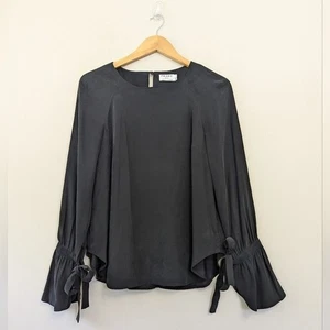 Rahmen schwarz Charmeuse Seide Bindeärmel Top Damen kleine Bluse ruhig Luxus - Bild 1 von 11