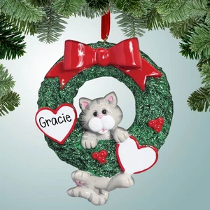 Grey Tabby Hanging from Wreath - Pet - Cat - Personalized Ornament - Picture 1 of 1