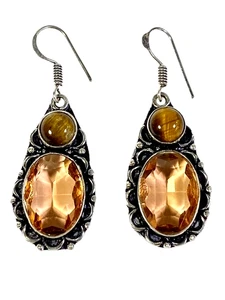 Morganite Tiger's Eye Handmade Drop Dangle Earrings Stamped 925 Silver   1.92" - Picture 1 of 10