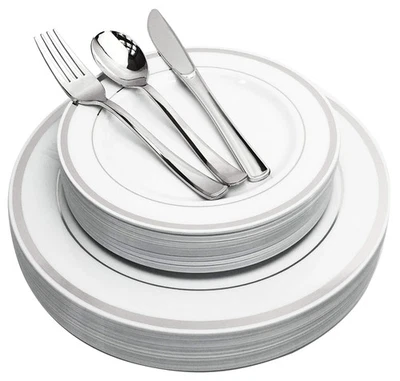 Набор серебряных пластиковых тарелок и столовых приборов 125 шт. — многоразовые и пригодные для вторичной переработки — серебристые... - Изображение 1 из 4