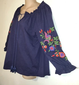 Solitaire Navy Blue Top L Heavily Embroidered Birds Floral Tassels Boho Peasant - Imagen 1 de 21