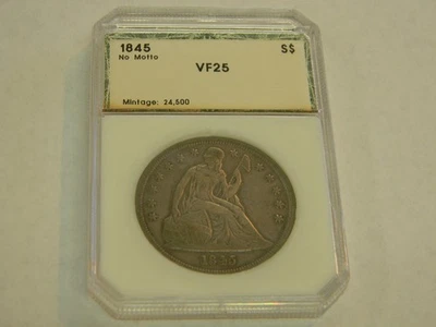 Монета номиналом 50 центов 1845 с изображением сидящей Свободы (VF Scarce. Только 24 500 отчеканенных с оценкой PCI - Изображение 1 из 4