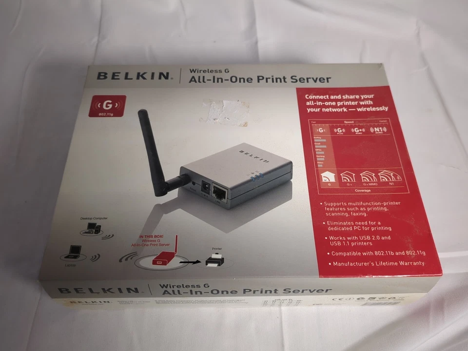 Belkin Wireless G All-in-One Network Print Server USB to LAN RJ45 F1UP0002  - Image 1 of 4