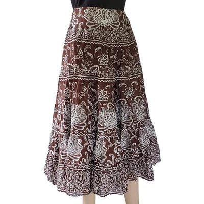 JONES NEW YORK Skirt Women's 14 Boho Peasant Floral Tiered Midi Brown & White Foto 1 de 4